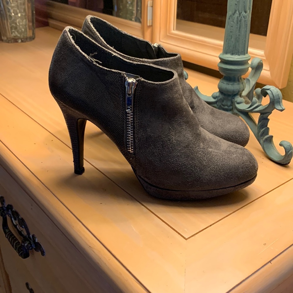 IMPO Grey suede and faux snake skin ankle bootie heels